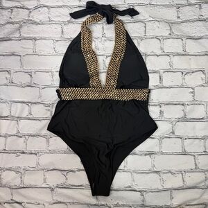 Black & Gold Plunge Neckline One Piece Swimsuit
